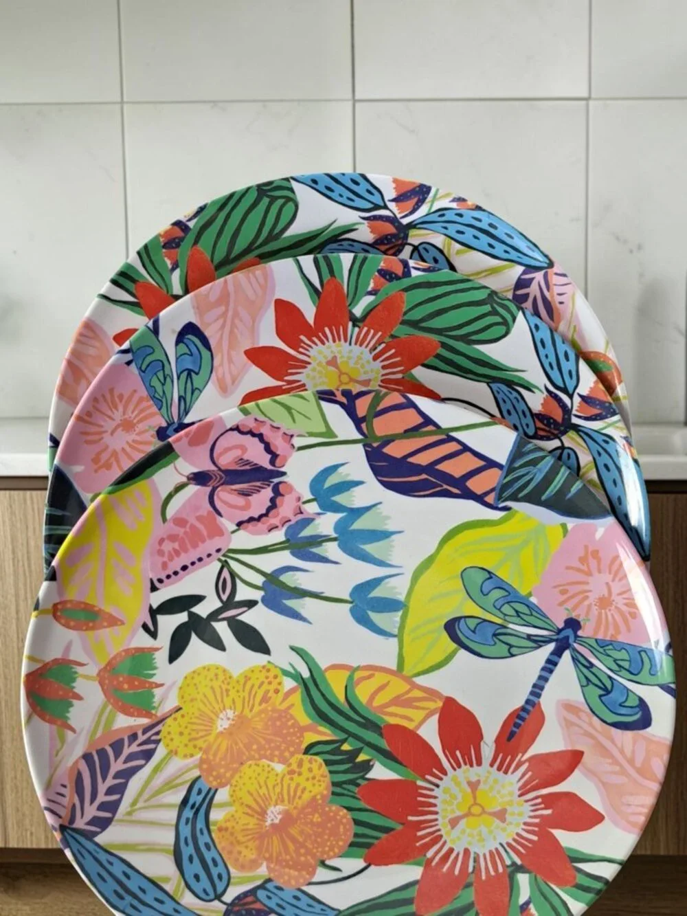 Anthropologie Lot Of 3 Melamine Plates Dragonfly Flowers 10 1/2